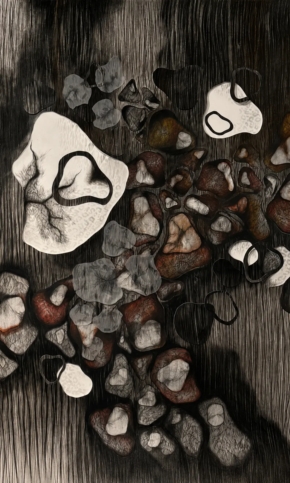 Anya Kalsi, Pebbles, 2024, charcoal, graphite, fine liners and oil paint on paper