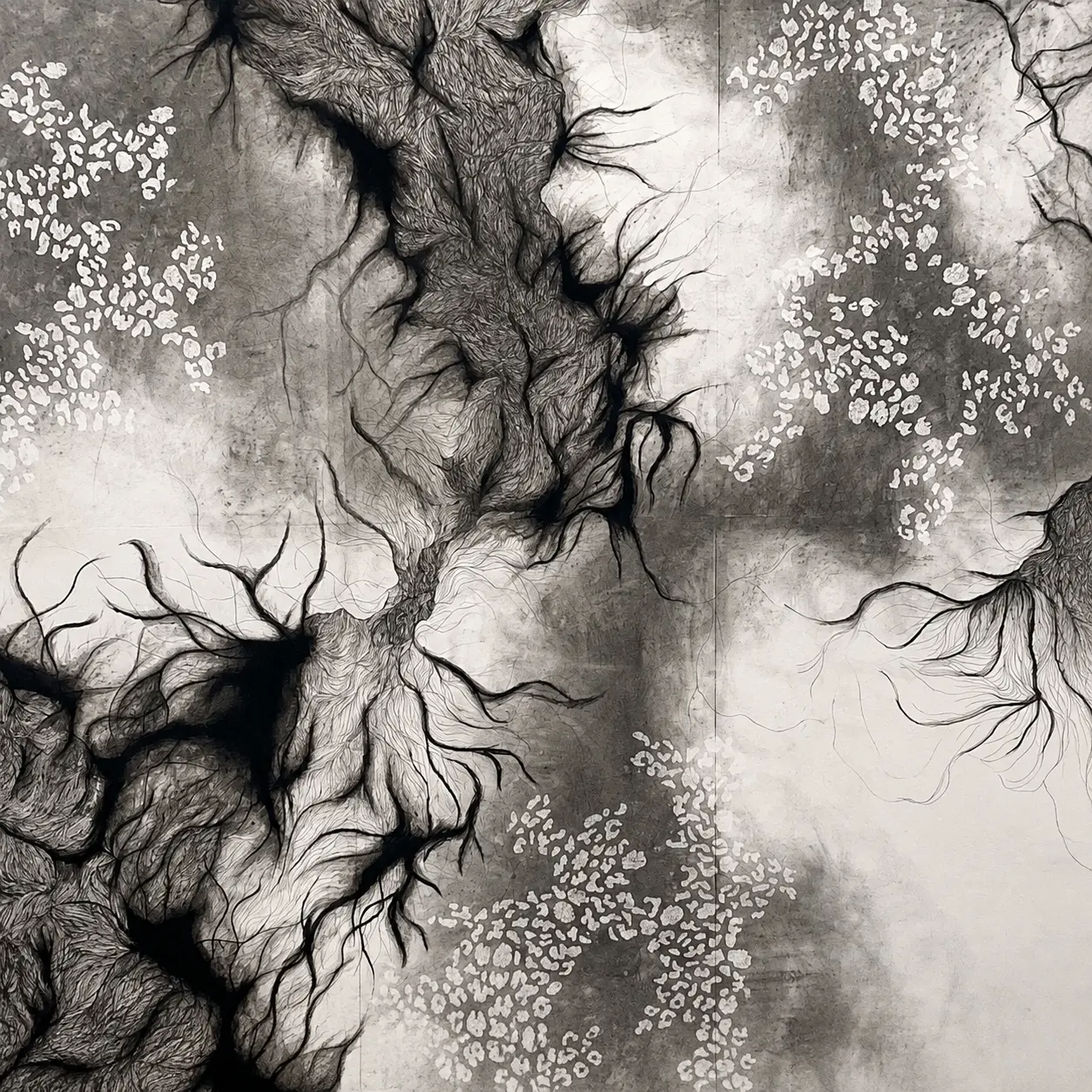 Anya Kalsi, Echoes of Entanglement, 2024, graphite, charcoal and fine liner on paper
