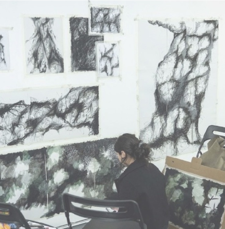 Anya Kalsi working in her studio surrounded by large-scale charcoal drawings pinned to the wall