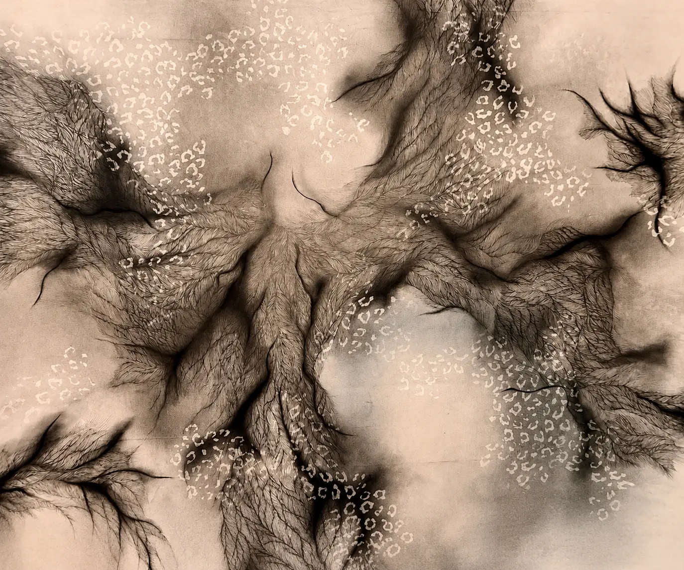 Anya Kalsi, A Glimpse into Echoes of Entanglement, 2025, graphite, charcoal and fine liner on paper