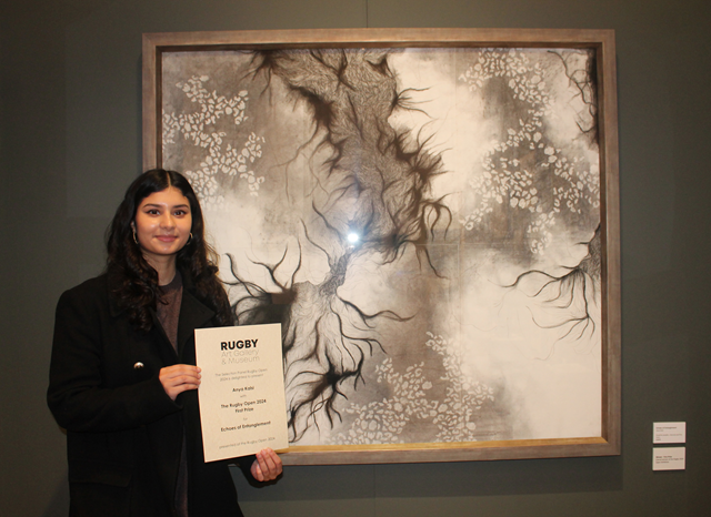 Anya Kalsi receiving First Prize at Rugby Open 24, Rugby Art Gallery & Museum